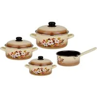 GSW Topf-Set Madeira, Stahl-Emaille (7-tlg., je 1 Kochtopf 16/20/24 cm, 1x Stielkasserolle 16 cm), ideal für Allergiker, Induktion