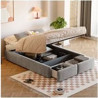 Flieks Polsterbett, Hydraulisches Doppelbett 140x200cm 2 Schubladen ohne Kopfteil Leinen