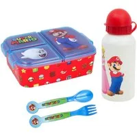Super Mario Lunchbox Super Mario Luigi Kinder 4 teiliges Set, (4-tlg., Spar-Set), Brotdose - Gabel Löffel Alu-Trinkflasche
