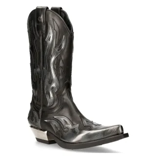 New Rock Flame Biker-Cowboystiefel aus schwarzem/silbernem Leder mit Akzent – ​​M-7921-S3