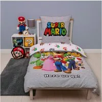 MTOnlinehandel Kinderbettwäsche Nintendo Super Mario in 135x200 + 80x80 cm, Geschenk für Gamer, Microfaser, 2 teilig, Wendebettwäsche für Mädchen und Jungen, Gaming