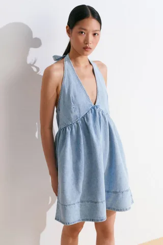 Mini Baumwoll-Denim Halterkleid