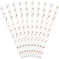 partydeco Trinkhalme, Papierstrohhalme mit Herzen 19cm weiß roségold 10er Set