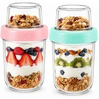 BlingBin Müslibox Müslibecher to Go, Overnight Oats Gläser mit Obere Fach, 480 ml+120ml, Glas, Silikon, (2er Set, 2-tlg., Produktabmessungen: 16 × 9 × 9 cm), Doppelwandiger Auslaufsicherer Joghurtbecher für Schule/Büro/Picknick