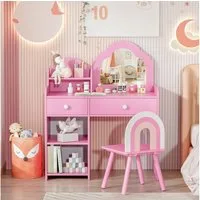 TLGREEN Schminktisch, Kinder Schminktisch mit Spiegel und Stuhl (Mädchen Schreibtisch & Maltisch mit 2 Schubladen, Prinzessin Frisiertisch aus Holz), 73.5x40x90.5cm, Sicher & Stabil