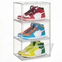 SONGMICS Schuhbox Schuhboxen stapelbar transparent, Schuh-Organizer, Schuhaufbewahrung, für Schuhe bis Größe 47, mit Magnettür, aus Kunststoff, 3er Set