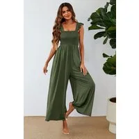 FS Collection Jumpsuit Damen Jumpsuit Stretch mit Smokdetails & weitem Bein - Trendy (Einheitsgröße: XS (EU:36 / UK:8) · S (EU:38 / UK:10) · M (EU:40 / UK:12) · L (EU:42 / UK:14) · XL (EU:44 / UK:16), 2 Farben: Olivgrün und Schwarz) 95% Polyester, 5%
