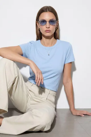 Damen Unifarbene Rundhalsausschnitt T-Shirt