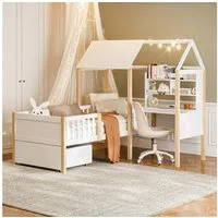 REDOM Kinderbett Funktionsbett,Einzelbett,mit Schreibtisch (Multifunktionales Hausbett,mit Bücherregal und Stauraum L-förmiger Kinderbett mit Rausfallschutz und Lattenrost, Platzsparend für kleine Räume Modernes Design aus Massivholz für Kinderzimmer