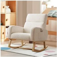 FUROKOY Schaukelsessel Schaukelstuhl mit Massivholzfüßen, für Schlafzimmer (Set, 1-St), 2 Seitentaschen,Teddystoff,Beige