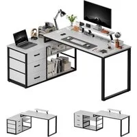Furnicopia Eckschreibtisch 140cm mit Monitorarm, Computertisch mit drehbarer Tischplatte (Flexibel und schwenkbar, mit Steckdosen (2 Steckdosen + 2 USB-Anschlüsse), 3 großen Schubladen, 2 Ablageflächen)