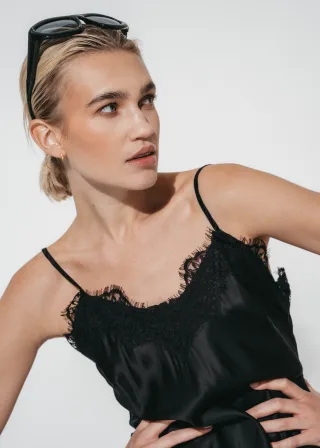 Jane Lushka - Zenia silk top whit lace trim black - Gr. - M
