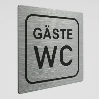 WC Hinweisschild, GÄSTE WC Schild-Toilettenaufkleber, Alu silber gebürstet 12 x 12 cm