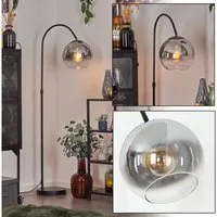 hofstein Bogenlampe Stehlampe aus Metall/Glas in Schwarz/Chrom/Rauch/Klar, ohne Leuchtmittel, Industrial-Design Leuchte m. Glasschirm (25cm) u. Fußschalter, 1xE27