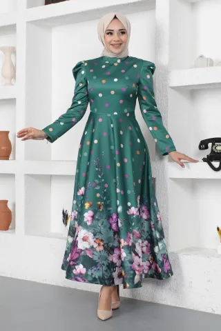 Blumen Gepunktet Satin Abendkleid Smaragdgrün