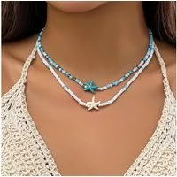 MOPUEA Kette mit Anhänger Bohemian Seestern Halskette, Strand Perlen, verstellbare Halskette (Anhänger Choker Y2K Schmuck Accessoires Geschenke für Frauen, 2-tlg), Sommer Schmuck Bunte Perlen Seestern Halskette Accessoires Outfits