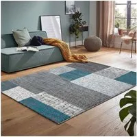 Vimoda Teppich Wohnzimmer Klassisch Karo- kariert Design, Rechteckig, Höhe: 5 mm, Läufer Kachel Optik in Türkis Grau Gelb & Lila Teppich Schlafzimmer