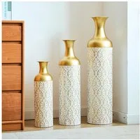 LVHOM Dekovase Bodenvase, Tischvase, 3 tlg. Geometrisches Metall-Vasen-Set, Gold (drei Höhen (50 cm, 66 cm, 83 cm), Handgefertigt aus Metall. Langlebig & makellos. Exklusiv für Trockenblumen/Pampas & Stil, Ideal als Raumteiler, Pflanzübertopf, Solitä