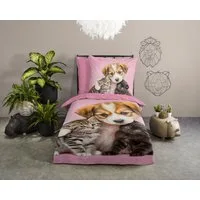 PURE luxury collection Kinderbettwäsche Amis, Microfaser, 2 teilig, Mikrofaser, 135x200, 2 Teilig, Wendeoptik, Mädchen, Hund, Katze