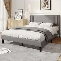 ADWOLT Polsterbett Doppelbett mit Kopfteil und Bettgestell (Packung, 1-tlg), 140x200 cm,Jugendbett,360 kg Tragfähigkeit,Leinenstoff – Grau