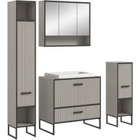 welltime Badmöbel-Set Locri, Breite 170 cm, Rillenoptik, Metallkufen, (4-St), best. aus: Hochschrank, Spiegelschrank, Standschrank, Waschtisch