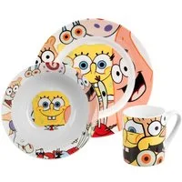 United Labels® Frühstücks-Geschirrset Spongebob Schwammkopf - allover - 3-tlg., 1 Personen, Porzellan