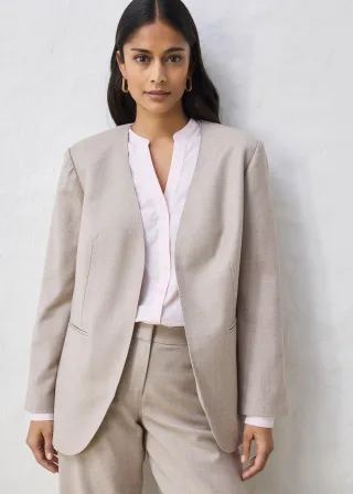 bonprix Kragenloser Blazer aus weichem Woll-Mix, beige, Gr.42, moderner Blazer aus weichem Woll-Mix, aus Wolle