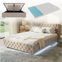Juskys Polsterbett Nizza, 140x200 cm, LED Licht, Stauraum, Samtbezug, inkl. Matratze
