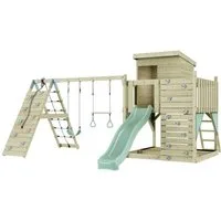 OutdoorToys Spielturm Frida aus Holz in Mintgrün mit Trapezstange & Rutsche, Kletterwand, aus Holz in Mintgrün mit Trapezstange & Rutsche, Kletterwand
