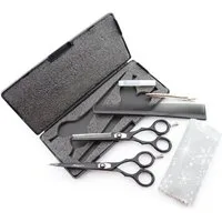 Haryali London Haarschere Friseurscheren-Set schwarz Effilierschere, Schneideschere+Kamm+Etui 6", (1 Packung Paar, 2-tlg., Schneideschere, Effilierschere, Kamm inkl. Schutzhülle Reinigungstuch), Bestens geeignet für professionelle Friseur- und Kosmet