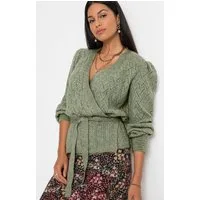bonprix Wickelpullover mit tiefem V-Ausschnitt und Bindeband zum Wickeln, mit Puffärmeln