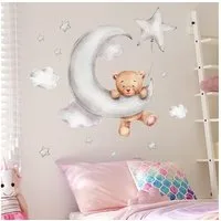 Montegoni Wandsticker Kinder Wandsticker Teddybär Mond Sterne Wolken – Süßer Wandtattoo Bär (Einzelstück Wandtattoo Kinder, 1 Stück Kinder Wandsticker), Selbstklebend wasserfest rückstandslos farbstabil wiederablösbar