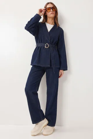 Baumwoll-Gabardine-Jacke und Weitbeinige Hose Set