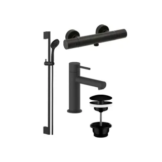 Herzbach Deep Black Duscharmaturen Set Brausearmatur, Wandstangenset, WT-Armatur, Ablaufventil