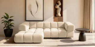 Ecksofa Designersofa BLANCHE in Stoff Bluvel Creme Ottomane Links