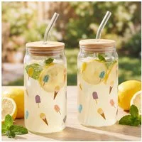 Levandeo® Glas, 2er Set Trinkglas 500ml Eis am Stiel Glas-Strohhalm Deckel