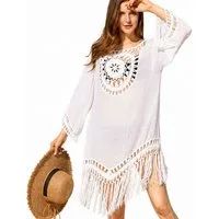 MOPUEA Strandkleid Damen Strandtunika Gehäkelt Transparent Bikini Cover Up Boho Stil (Strandkleid Beachwear Cover Up Für Bikini Badeanzug Und Urlaub, 1-tlg., Mit Quasten Cutout Design Langarm Transparent Sommer Strandkleid) Gehäkelte Beachwear Große 