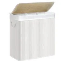 SONGMICS Wäschekorb 3 Fächer, 150 L Wäschesammler mit Deckel, Wäschebox Bambus, faltbar, Wäschesack herausnehmbar maschinenwaschbar, Waschküche