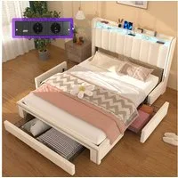 oyajia Polsterbett LED-Beleuchtung Doppelbett 140x200cm mit Ladefunktion und 3 Schubladen (Mit Lattenrost und Ladefunktion, Samt materia Polsterbett), Funktionsbett Stauraumbetten Jugendbett Bettgestell Leises Design Bett