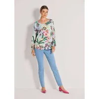 MADELEINE Hemdbluse Fließende Viskosebluse mit Blumenmuster Druckbluse mit Rundhals, Gummibündchen und Langarm