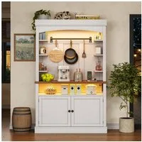 Odikalo Küchenbuffet Küchenschrank Vitrinenschrank Hochschrank mit LED und Steckdose (RGB-LED per App steuerbar (Musik-Sync). 2 AC-Steckdosen + 2 USB,Haken (5-8 kg),Bogenfront,MDF,Kippschutz)