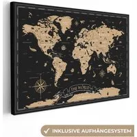 OneMillionCanvasses® Leinwandbild Weltkarte - Beige - Schwarz, Fotodruck (1 St), Leinwand Bilder Klein, Wand Dekoration Aesthetic 30x20 cm