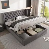REDOM Polsterbett Doppelbett Bett Stauraumbett Jugendbett gepolsteres Bettgestell (Massivholz Untergestell mit Hydraulisch anhebbarer Bettstauraum, Samt Bezug Funktionsbett mIt Staufächer 140x200 cm Ohne Matratze), mit weichem Kopfteil Schaum-Polster