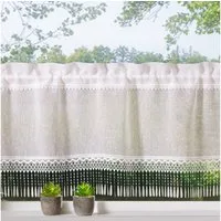 heimtexland Scheibengardine Landhaus Gardine Leinen Optik natur Kurzstore (1 St), Stangendurchzug, halbtransparent, Polyester, Bistrogardine 45x120 cm I Tunnelzug I Fransen Makramee-Borte