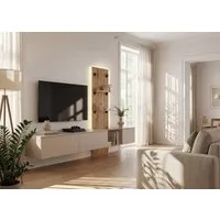 ASM-Moebel Wohnwand Anbauwand Wohnwand Luzz mit Push-Click Lamellenoptik Front und LED, Mit Led Beleuchtung, Lamellenoptik Front und Push-Click System