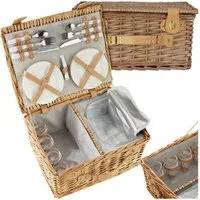 tectake Picknickkorb Ausflugstasche Föhr für 4 Personen, mit Kühlfach & Zubehör (Komplettset, 20-teiliges Geschirrset, Kellnermesser), geflochtene Weide, mit Drehverschlüssen und Tragegriff