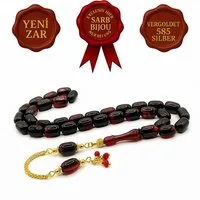 M-Punkt24 Kettenanhänger Tesbih Tespih (Rot - Schwarz, Kirmizi - Siyah, 7x11mm, 925 Echt Silber 585 vergoldet Diamond Series Püskül, inkl. Etui, Zar), 925 Silber mit 585 vergoldet