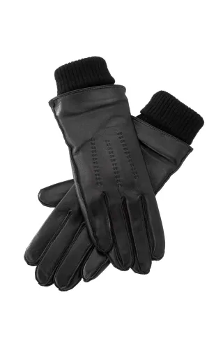 Yaya - Lederhandschuhe mit Strickbündchen schwarz - Gr. - L/XL