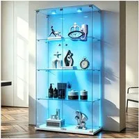 Simurq Glasvitrine Standvitrinen mit LED Beleuchtung Vitrinenschrank mit Glastür (glas vitrine mit 2 Glastür und 4 Lagen,Schloss,Kippsicherung) Sammlervitrine aus gehärtetes Glas,Modernes rahmenloses Design