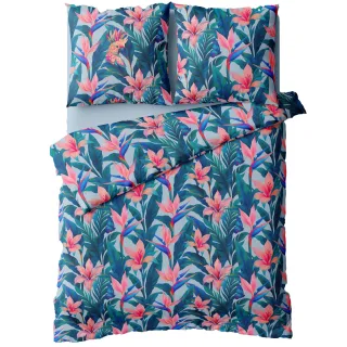 LIVING DREAMS - Feinsatin-Bettwäsche blue/coral kakadu - Gr. - 135